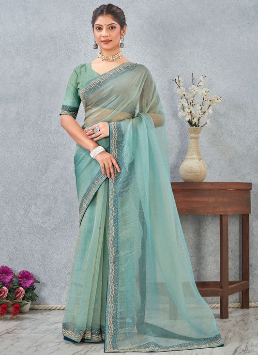 Sea Green Silk Traditional Saree Border Work, Zircon S20339